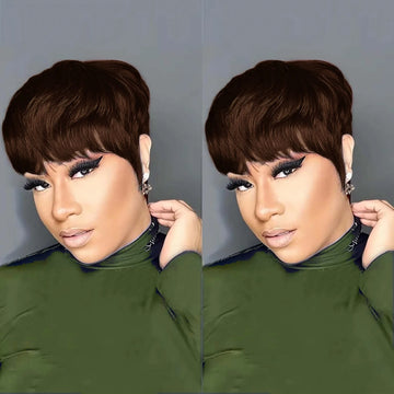Pixie Cut Wigs for Women Short Layered Pixie Wigs With Bangs Full Machine Made Brazilian Virgin Straight Human Hair 4# Color