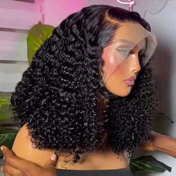 Brazilian 100% Human Deep Curly Bob Hair Wigs Natural Black Color Deep Wave HD Lace Front Part 13x4 Transparent Lace Wigs