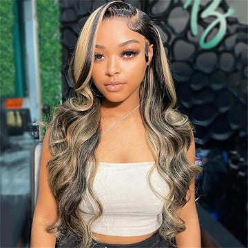 28 Inch 13x4 Balayage Highlight Lace Front Wig Human Hair HD Lace Frontal Wigs Human Hair Body Wave Wig 180% FB/27 Ombre Colored