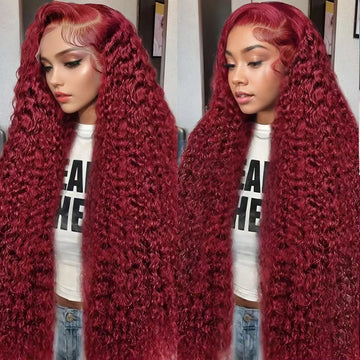200 Density 99j Burgundy 40 42 Inch HD 13x6 Lace Frontal Wigs Human Hair Transparent Preplucked Red Colored Deep Wave Remy Hair