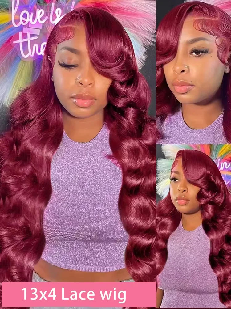 38 40Inch 13x4 99j Burgundy Lace Front Human Hair Wig Pre Plucked Transparent Lace Body Wave 13x6 Hd Lace Frontal Wigs For Women