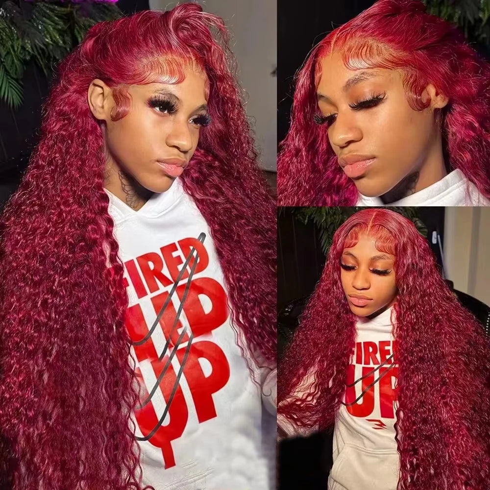 200 Density Deep Wave 99J Burgundy 13x6 Hd 100% Human Hair Lace Frontal Wigs 13x4 Brazilian Curly 46 Inch Color Lace Front Wig