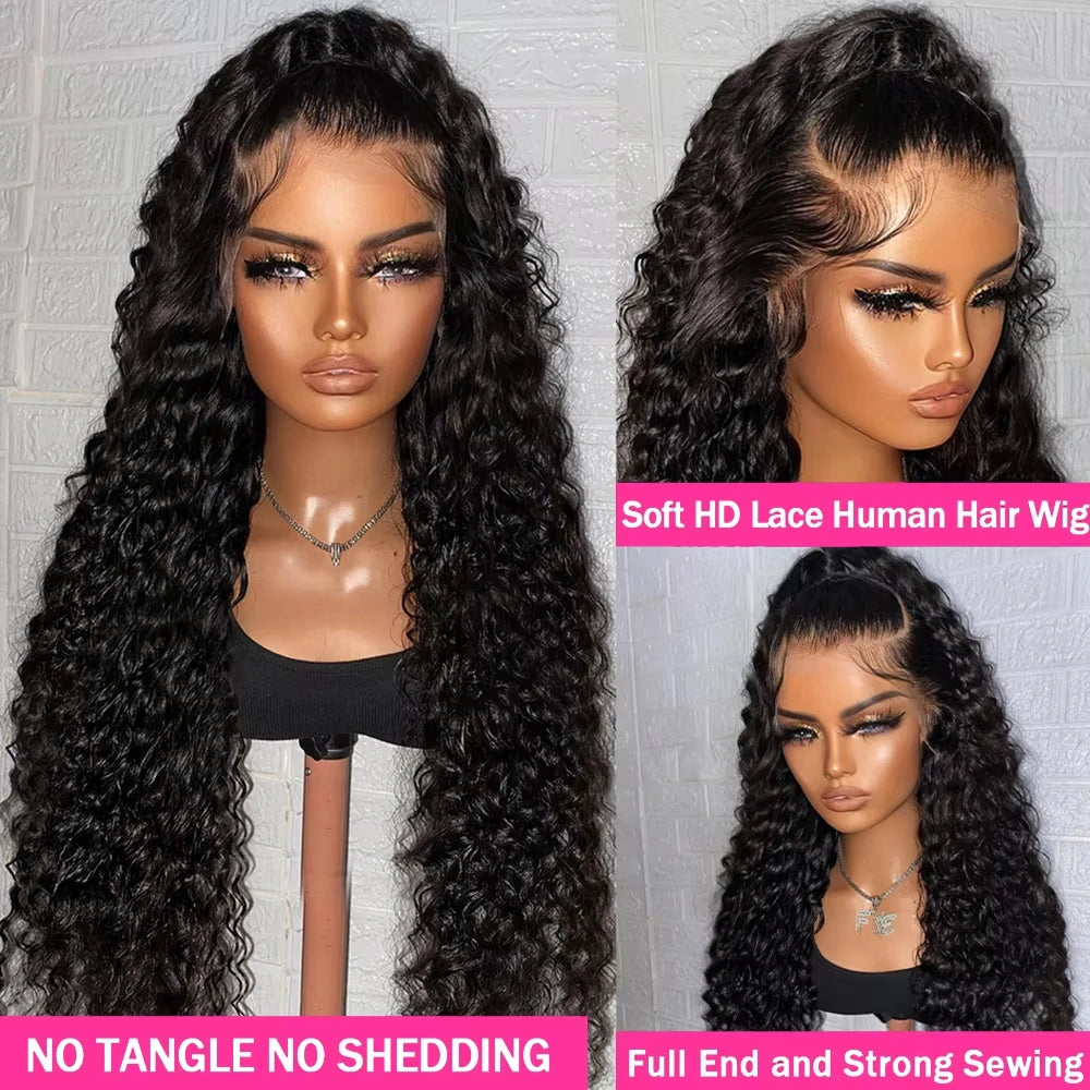 180 Density Curly 40Inch Deep Wave Frontal Wig Transparent 13x4 13x6 HD Lace Frontal Human Hair Wigs Curly Human Hair Lace