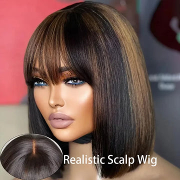 12 Inch 1b/30 Highlight 2x1 Glueless Wigs With Bangs 250 Density Straight Human Hair Short Bob Wig Brazilian Raw Hair For Women