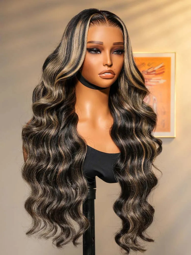 28 Inch 13x4 Balayage Highlight Lace Front Wig Human Hair HD Lace Frontal Wigs Human Hair Body Wave Wig 180% FB/27 Ombre Colored