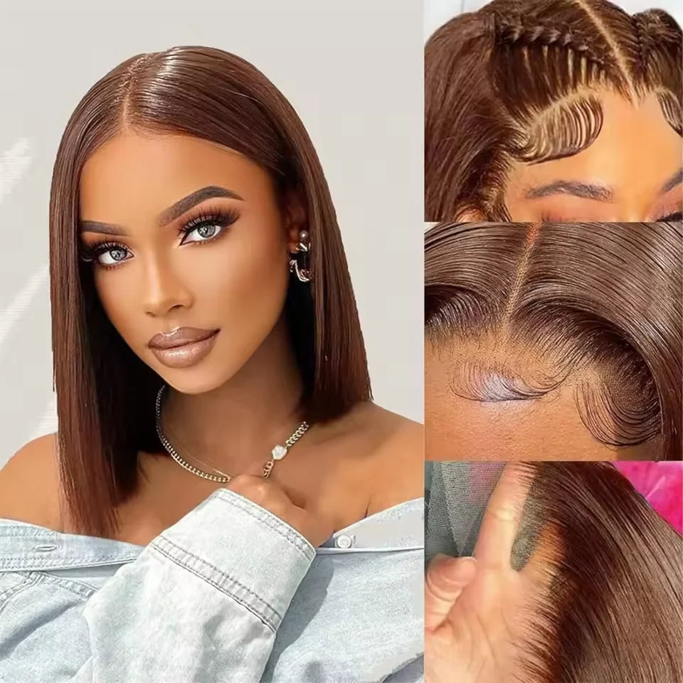 Brazilian 200% Density Short Bob Wigs 13x4 HD Transparent Lace Front Human Hair Wig Chocolate Brown Straight Lace Frontal Wigs