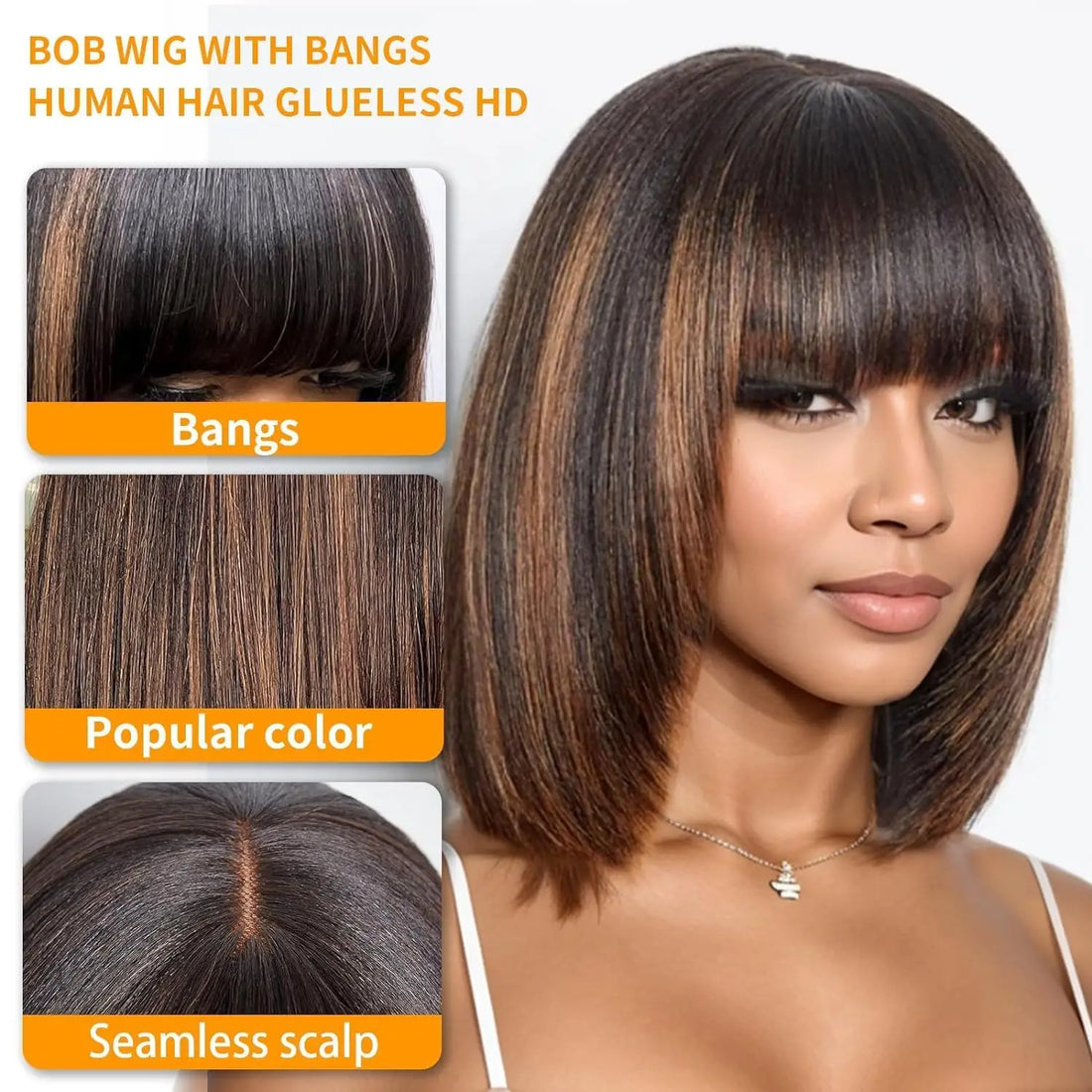 12 Inch 1b/30 Highlight 2x1 Glueless Wigs With Bangs 250 Density Straight Human Hair Short Bob Wig Brazilian Raw Hair For Women