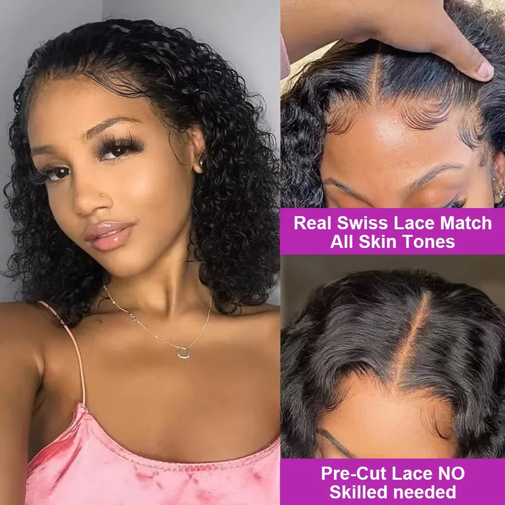 Brazilian 100% Human Deep Curly Bob Hair Wigs Natural Black Color Deep Wave HD Lace Front Part 13x4 Transparent Lace Wigs